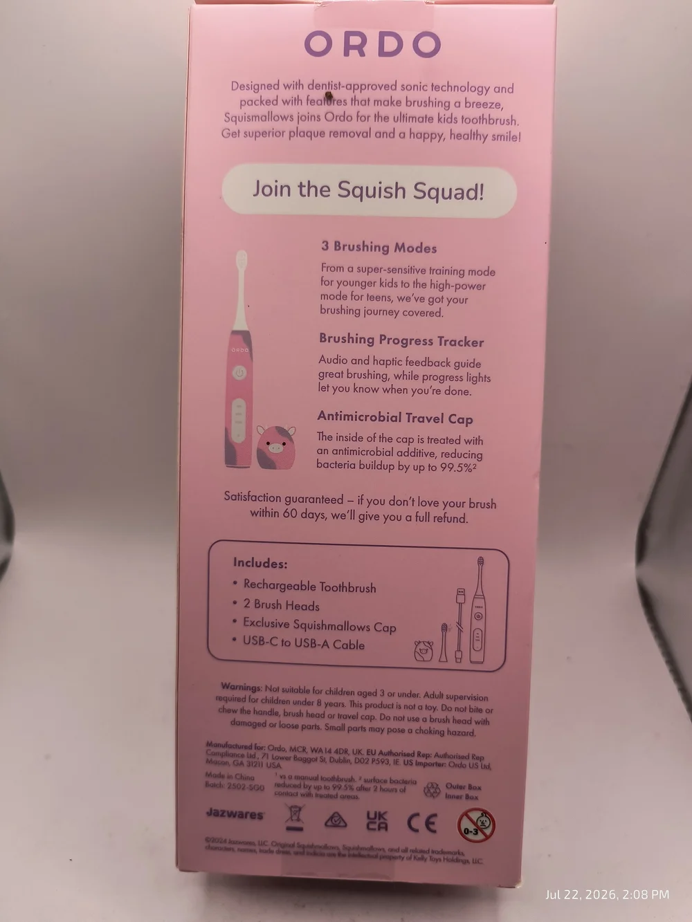 ORDO Sonic Kids' Rechargeable Toothbrush - Squishmallows Patty - NIB Pink